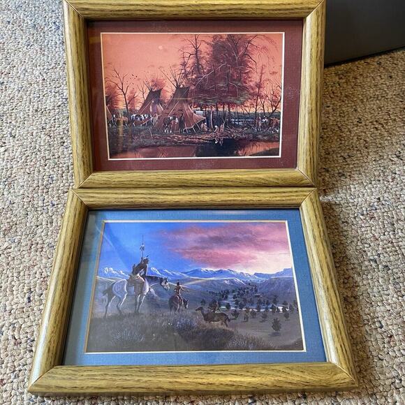 Indian Settlement Art Print Decor Native American Camp Riding Horse Lot Of 2 - Picture 1 of 9